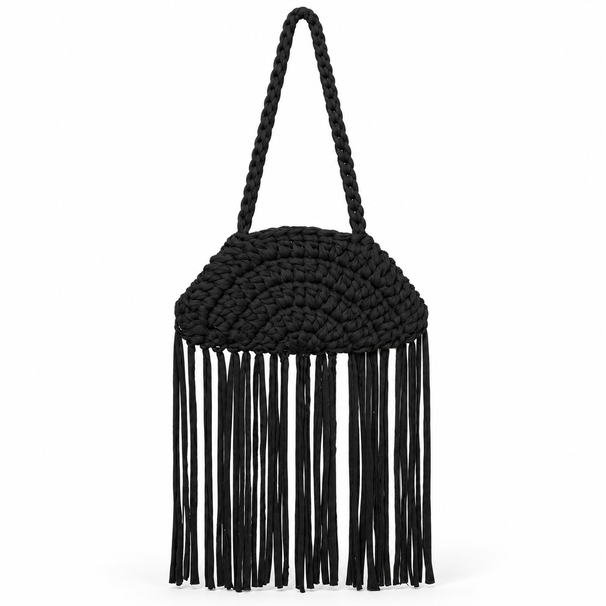 Bolsa Mini Sophia de Crochê Preta com Alça e Franjas – Sophia Kato
